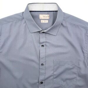 Truly Slim‎ Fit Men's Short Sleeve Solid Blue Button Up Large Dress Casual Shirt